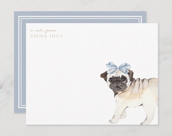 Personalisiertes Briefpapier für Mädchen | Mops-Hund-Mama-Geschenk | Preppy Mops Schleife | Mädchen und Hund stationär | Eine Notiz von der Karte