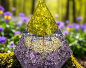 Handcrafted Tree of Life Orgonite Pyramid with Amethyst & Peridot