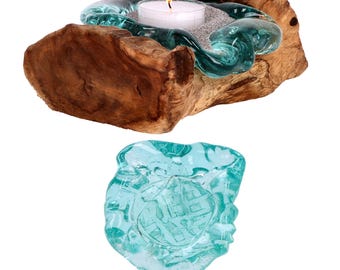 Vidrio sobre madera de raíz – Portavelas y cenicero hechos a mano – Decoración natural única, idea de regalo, decoración boho