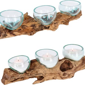 Teelichthalter aus Glas und Holz – Handgefertigt – 3 Gläser auf Wurzelholz – Nachhaltige Tischdeko – Naturdeko – Geschenkidee