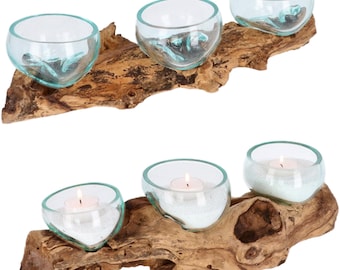 Teelichthalter aus Glas und Holz – Handgefertigt – 3 Gläser auf Wurzelholz – Nachhaltige Tischdeko – Naturdeko – Geschenkidee