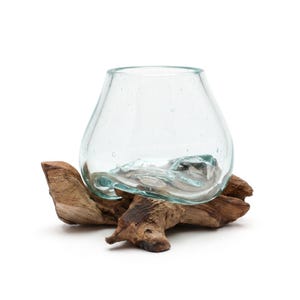 Windlicht Glas Holz | Teelichthalter Glas auf Wurzelholz | mundgeblasen, recyceltes Glas | Unikat, handgemacht, Japandi Deko