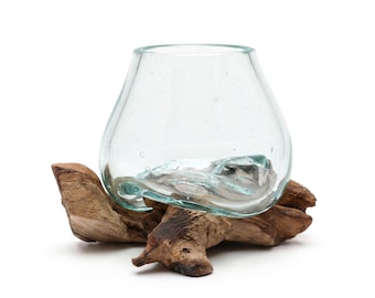 Windlicht Glas Holz | Teelichthalter Glas auf Wurzelholz | mundgeblasen, recyceltes Glas | Unikat, handgemacht, Japandi Deko
