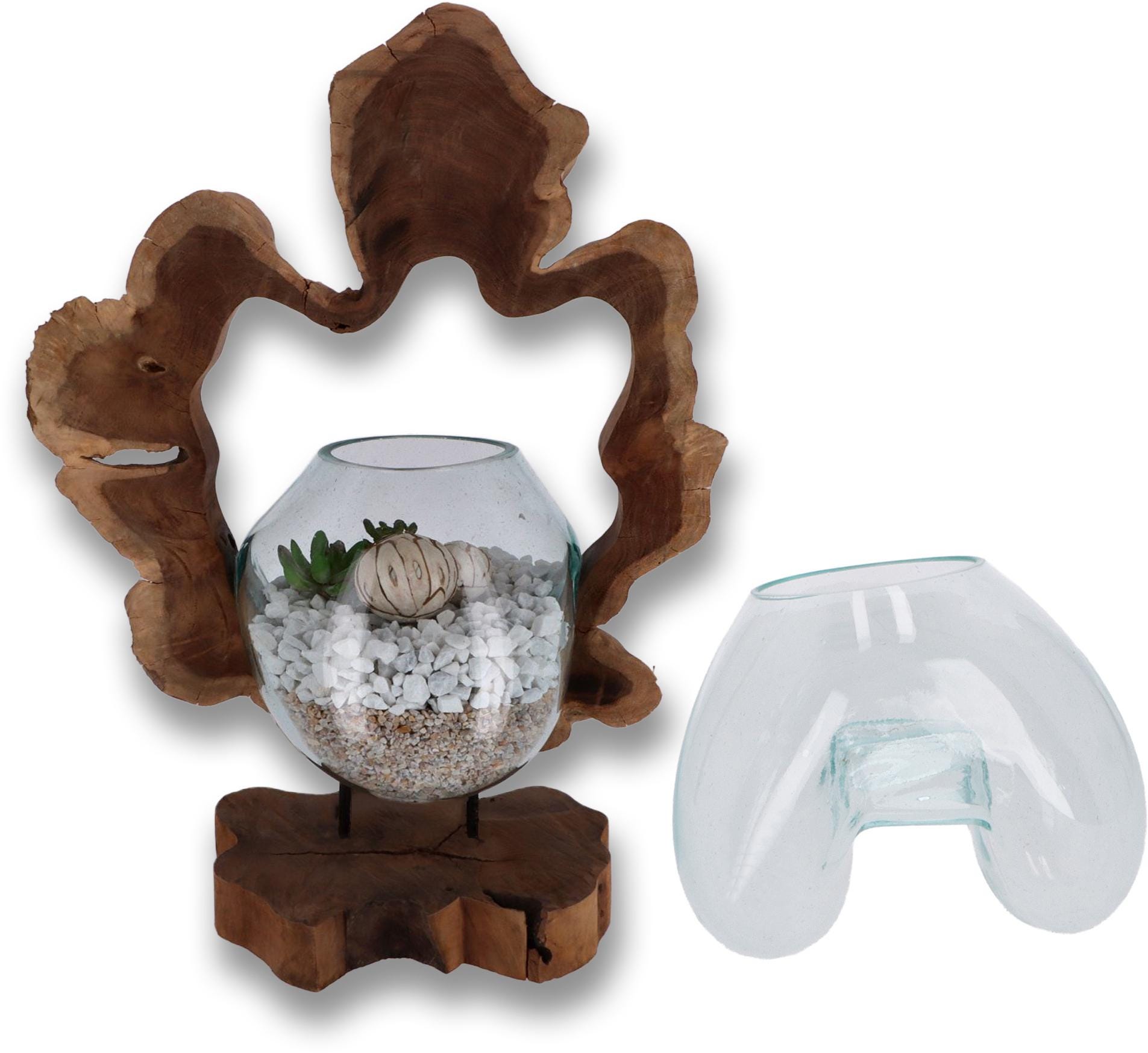Handcrafted wooden sculpture with mouth-blown glass – Unique art made from recycled root wood – Stylish decoration for the living room & office