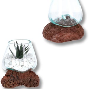 Op de afbeelding: Twee glazen terrariums met een afgeronde, bolle vorm, die elk op een ruwe, bruine lavabasis staan. Een terrarium bevat een kleine groene plant en witte kiezelsteentjes, terwijl de andere leeg is.