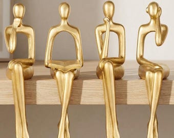 Abstract Thinker Statue Set – Gold Modern Desk Decor, Minimalist Sculpture Shelf Accent