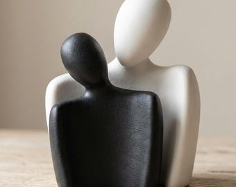 Abstract Couple Hugging Statue, Modern Resin Sculpture, Romantic Black & White Figurine, Home Office Shelf Decor, Gift for Loved Ones
