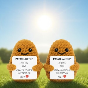 Puede incluir: Dos figuras de patata de ganchillo con caras sonrientes, sosteniendo carteles con el texto en francés: "PATATE AU TOP, JE SUIS UNE PETITE PATATE QUI CROIT EN TOI!". Están sobre un césped soleado.