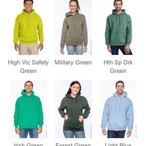 May include: Collection of six hooded sweatshirts in various colors: High Viz Safety Green, Military Green, Hth Sp Drk Green, Irish Green, Forest Green, and Light Blue. Each sweatshirt has a drawstring hood and a front pocket.