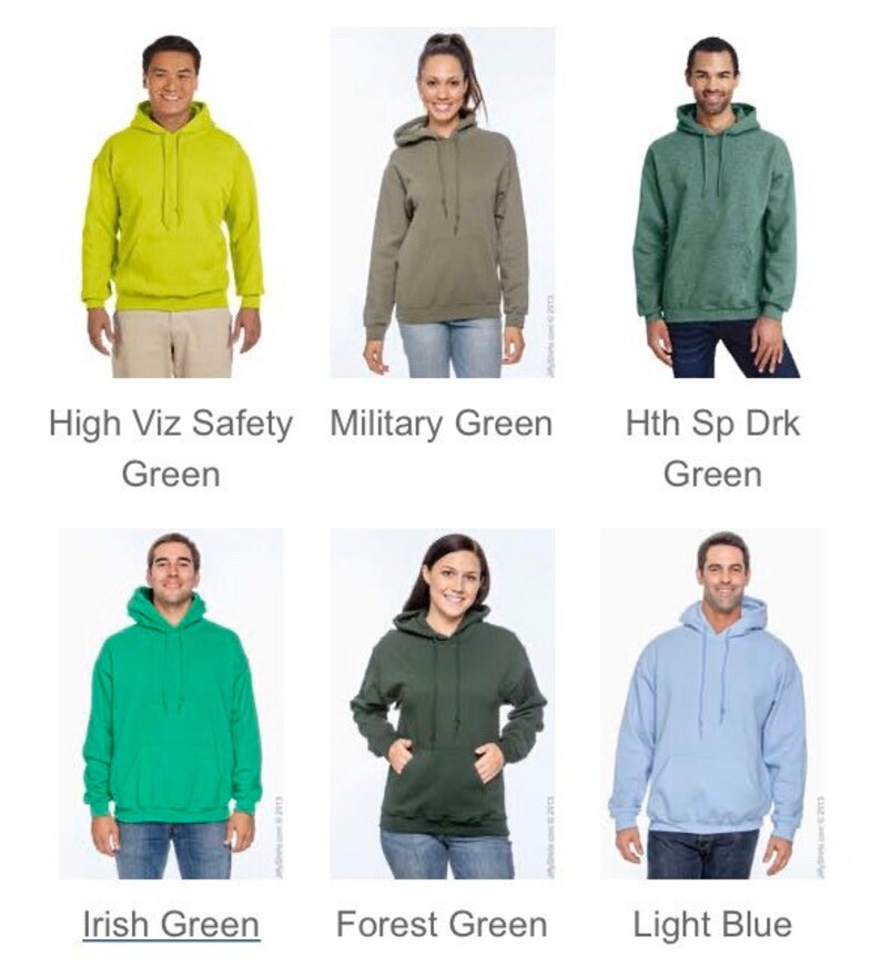 May include: Collection of six hooded sweatshirts in various colors: High Viz Safety Green, Military Green, Hth Sp Drk Green, Irish Green, Forest Green, and Light Blue. Each sweatshirt has a drawstring hood and a front pocket.