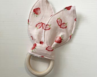 Crinkle Bunny Ear Baby Teether Unfinished Wood - Strawberries