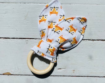 Crinkle Bunny Ear Baby Teether Unfinished Wood - Foxes