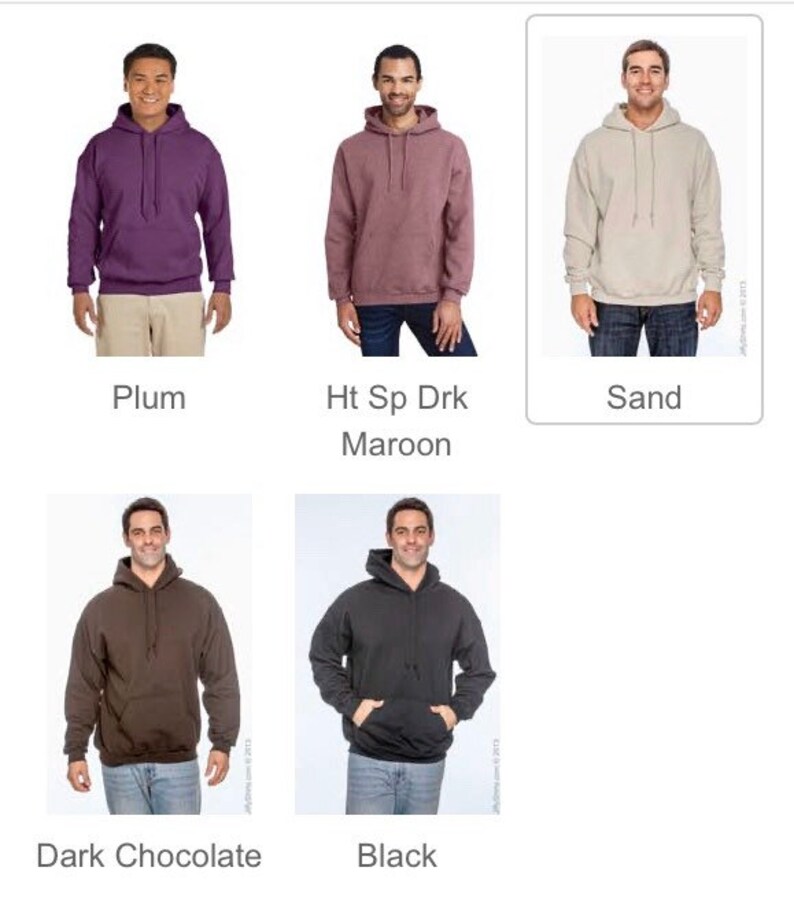May include: A selection of hooded sweatshirts in various colors, including plum, dark maroon, sand, dark chocolate, and black. Each sweatshirt features a front pocket and a drawstring hood. The color names are displayed below each sweatshirt.