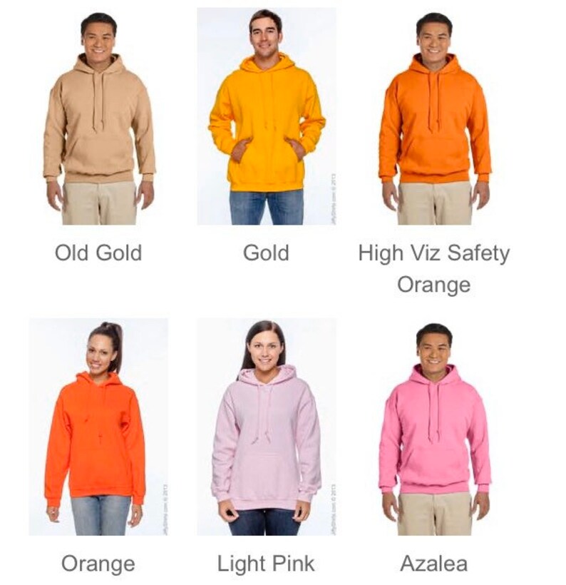 May include: A collection of hooded sweatshirts in various colors, including Old Gold, Gold, High Viz Safety Orange, Orange, Light Pink, and Azalea. Each sweatshirt features a front pocket and a drawstring hood.