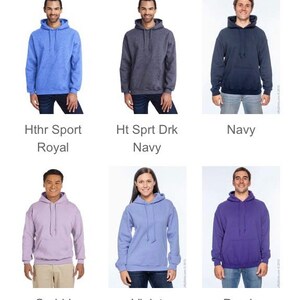 May include: A collection of hooded sweatshirts in various colors, including Hthr Sport Royal, Ht Sprt Drk Navy, Navy, Orchid, Violet, and Purple. Each sweatshirt has a drawstring hood and a front pocket. The text below each sweatshirt indicates the color.