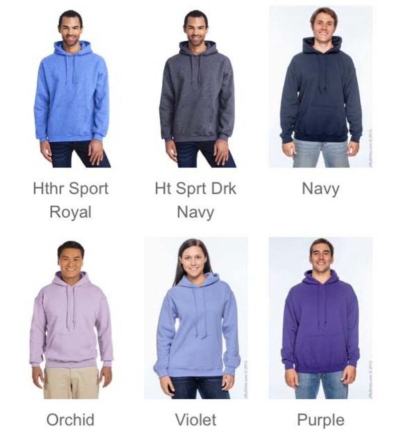 May include: A collection of hooded sweatshirts in various colors, including Hthr Sport Royal, Ht Sprt Drk Navy, Navy, Orchid, Violet, and Purple. Each sweatshirt has a drawstring hood and a front pocket. The text below each sweatshirt indicates the color.