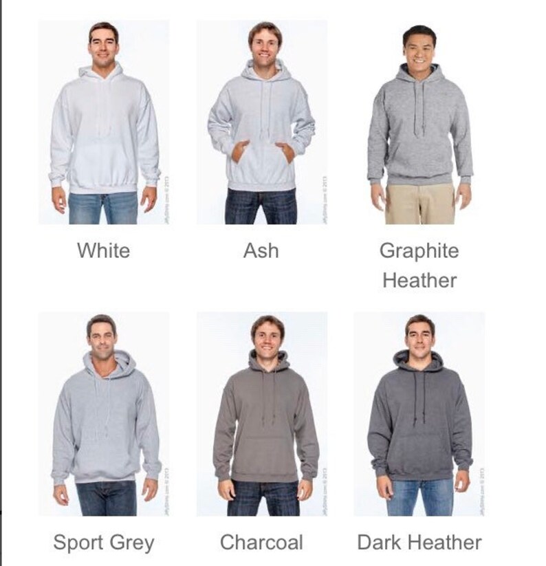 May include: A selection of hooded sweatshirts in various colors, including white, ash, graphite heather, sport grey, charcoal, and dark heather. Each sweatshirt features a drawstring hood and a front pocket. The colors are displayed with a person wearing each sweatshirt.