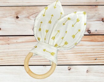 Crinkle Bunny Ear Baby Teether Unfinished Wood - Gold Arrows