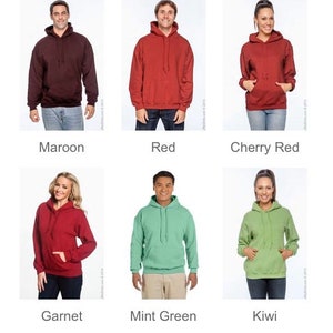 May include: A selection of hooded sweatshirts in various colors, including maroon, red, cherry red, garnet, mint green, and kiwi. Each sweatshirt has a front pocket and a drawstring hood. The colors are labeled below each image.