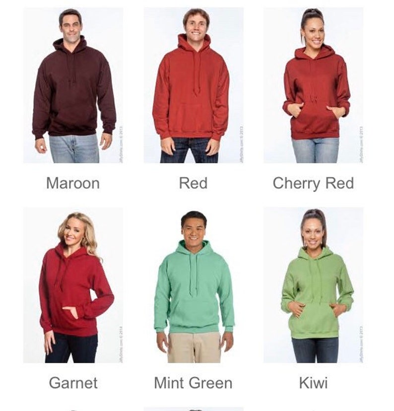 May include: A selection of hooded sweatshirts in various colors, including maroon, red, cherry red, garnet, mint green, and kiwi. Each sweatshirt has a front pocket and a drawstring hood. The colors are labeled below each image.