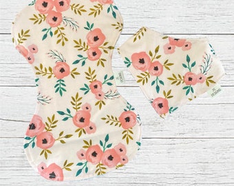 Bandana Bib and Burp Cloth - Peach Posies