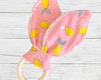 Crinkle Bunny Ear Baby Teether Unfinished Wood - Pink Lemonade