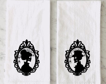 Mr and Mrs Skeleton Halloween Gothic Tea Towels - Kitschy Kitchen Collection