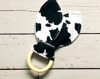 Crinkle Bunny Ear Baby Teether Unfinished Wood - Cow Print