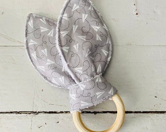Crinkle Bunny Ear Baby Teether Unfinished Wood - Paper Airplanes