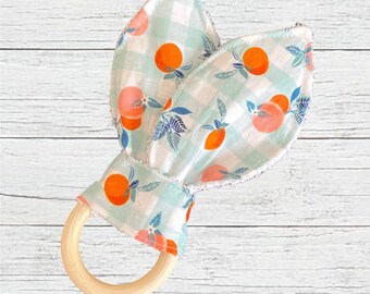 Crinkle Bunny Ear Baby Teether Unfinished Wood - Oranges and Peaches