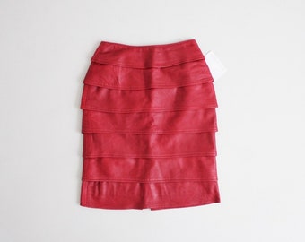 layered red leather skirt | tiered leather skirt