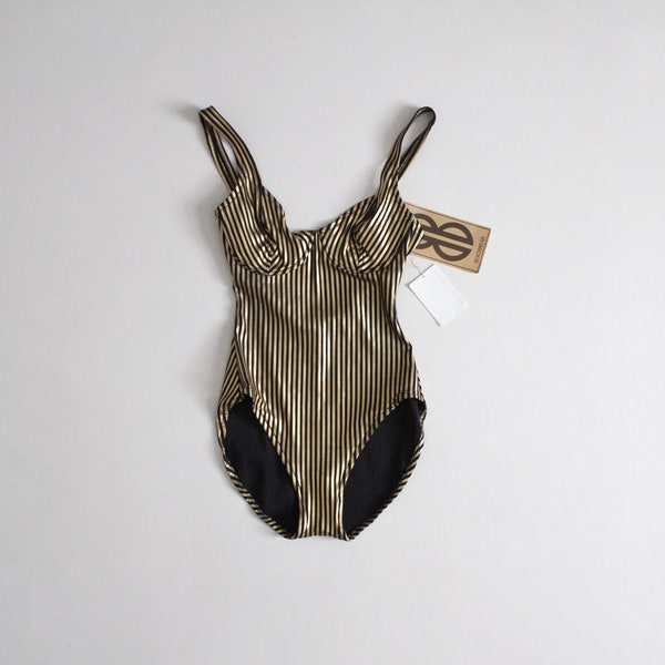 metallic striped swimsuit | vintage Bill Blass swimsuit | one piece bra swimsuit
