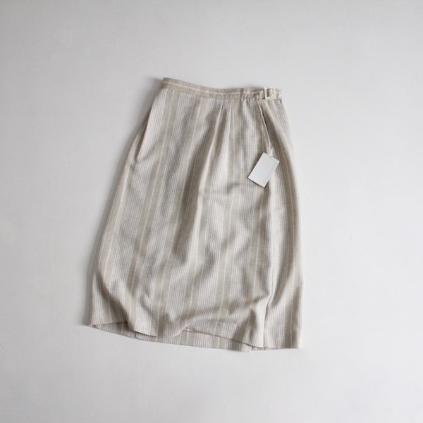 beige ticking skirt | striped linen skirt | side buckle skirt