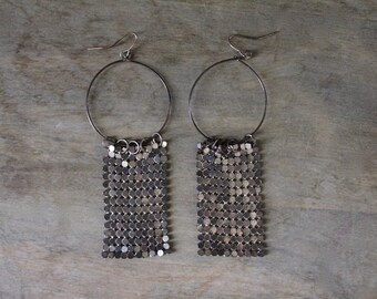 brassy metal earrings | metal mesh earrings | 1970s hoop earrings