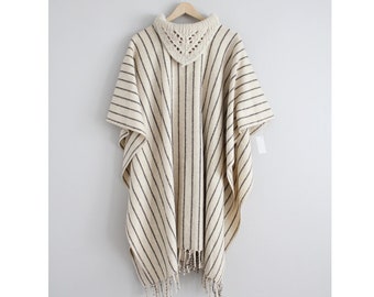 striped wool poncho | collared poncho cape | cream wool cape