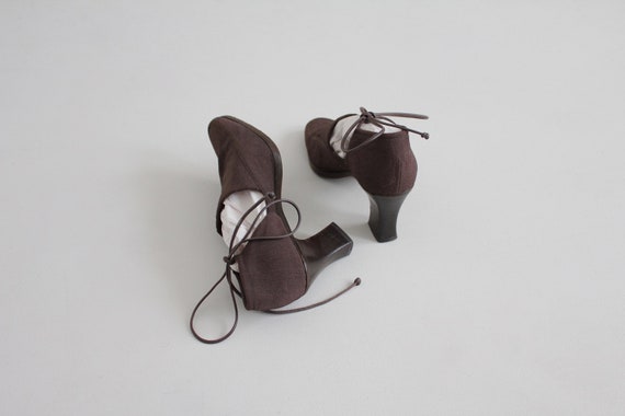ankle tie heels | stretch fabric heels 7 | brown … - image 4