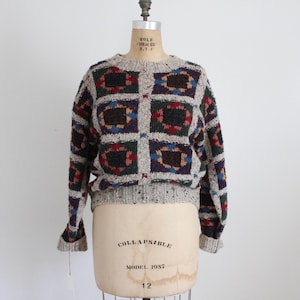Jersey de punto acolchado vintage 100% lana con estampado / talla mediana