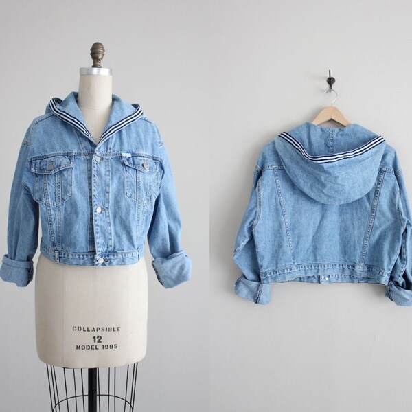 ON SALE - cropped denim jacket / guess jacket / hooded denim jacket