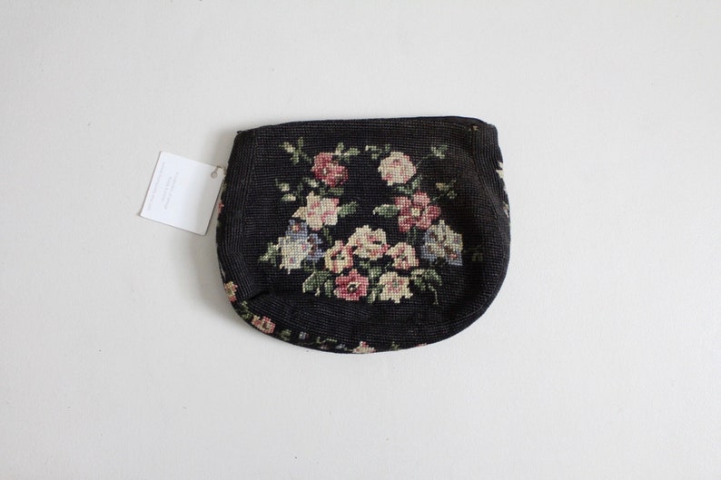 black floral clutch 1940's needlepoint purse needlepoint floral bag image 1