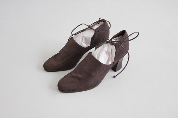 ankle tie heels | stretch fabric heels 7 | brown … - image 5
