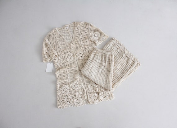 cream crochet outfit | vintage 1970s crochet dress