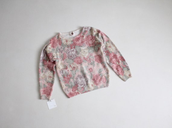 muted floral sweater | fuzzy angora sweater | pink