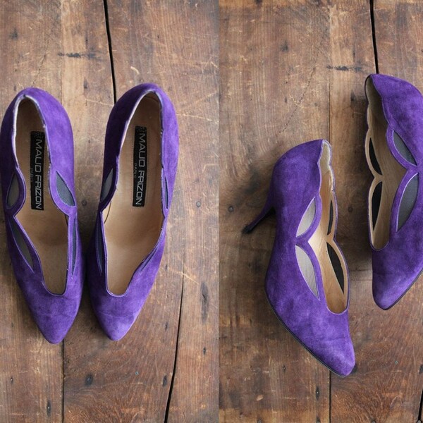 1980s vintage purple suede mesh heels 8