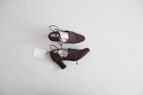ankle tie heels | stretch fabric heels 7 | brown … - image 1