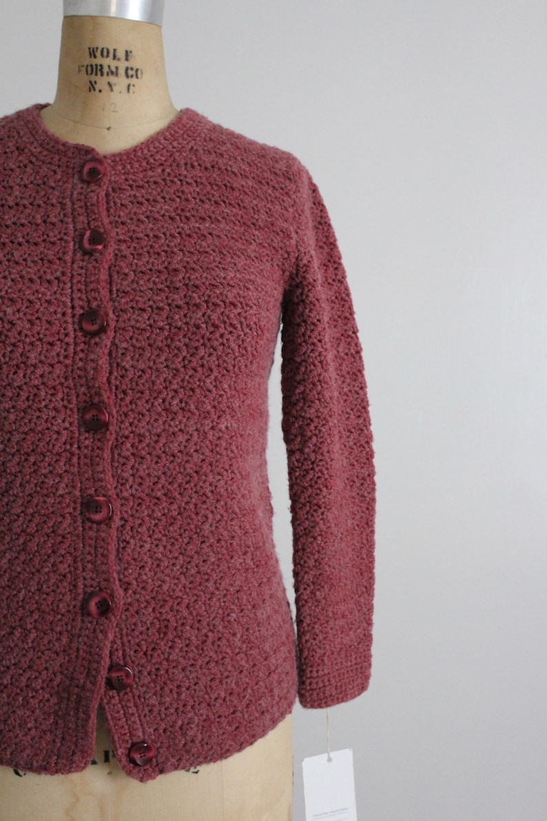 mauve wool cardigan hand knit mauve sweater 1970's wool cardigan image 2