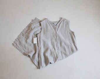 vintage Eileen Fisher 100% linnen papieren zak beige mouwloze maxi-jurk | xl
