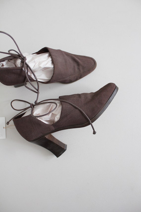 ankle tie heels | stretch fabric heels 7 | brown … - image 2