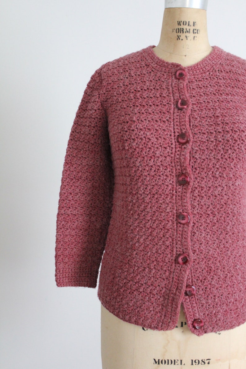 mauve wool cardigan hand knit mauve sweater 1970's wool cardigan image 4