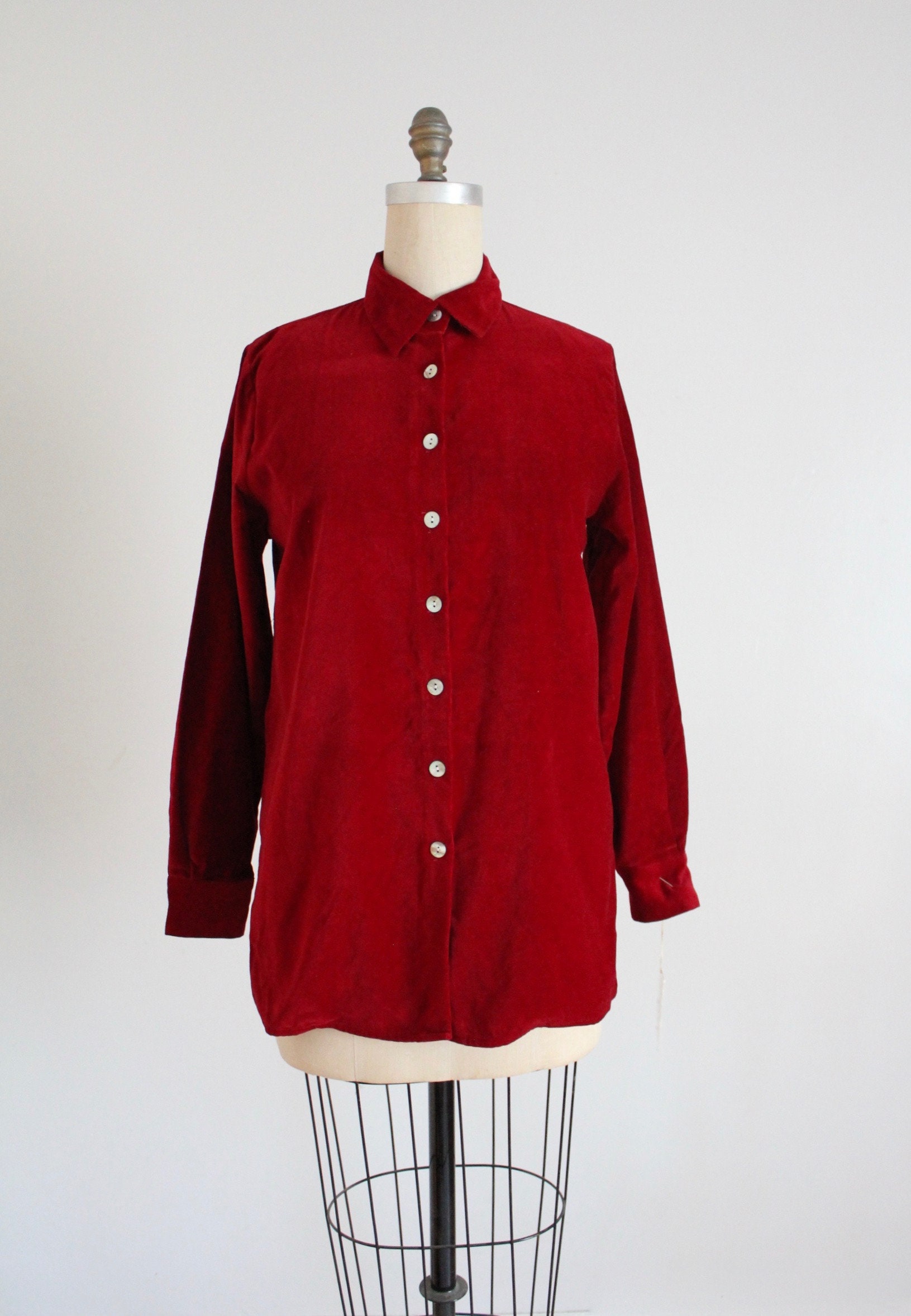 Red Velvet Blouse 100 Cotton Blouse Velvet Collared Shirt Etsy