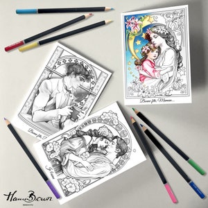 Lot de 3 cartes de vœux à colorier - Fête des mères - Fête des pères & Saint-Valentin